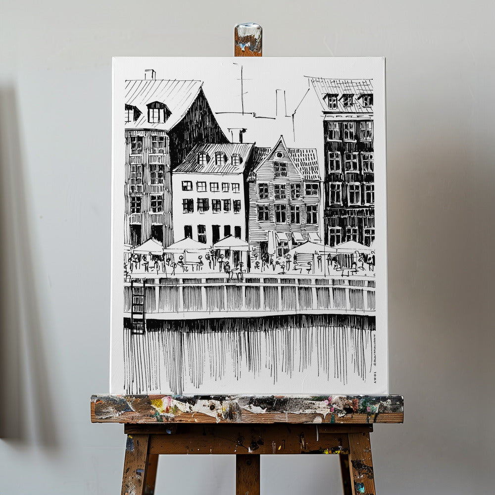 Konsttryck från Köpenhamn, reseillustration från Danmark med kaféer vid vattnet | Canvas