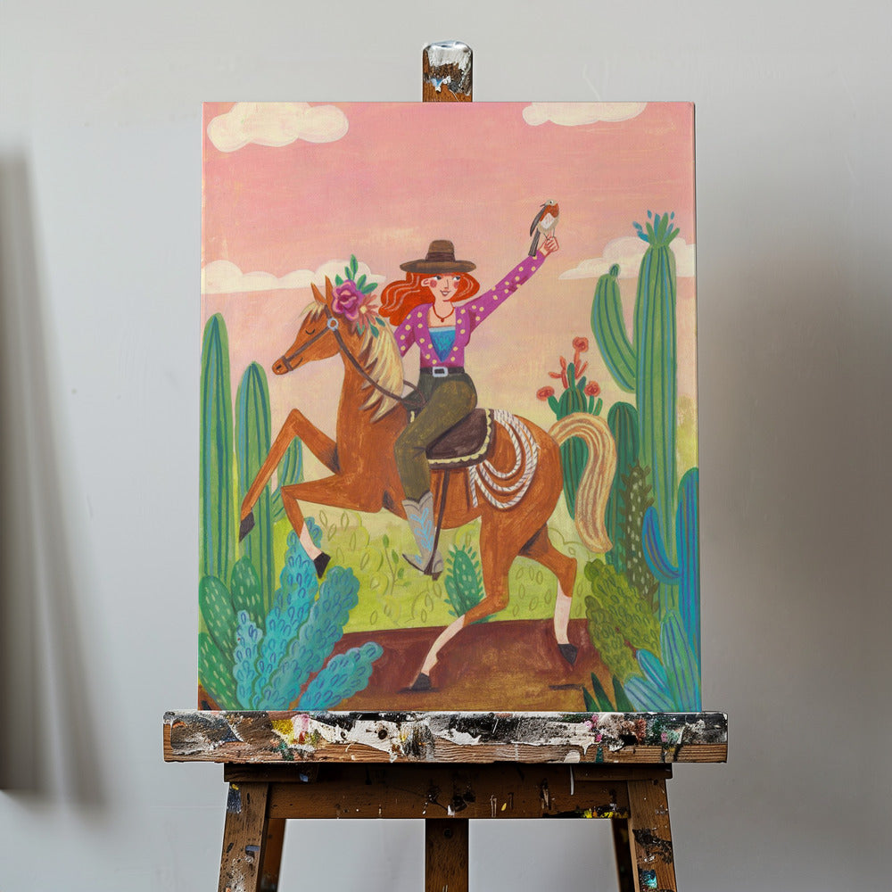 Cowgirl på häst i öknen | Canvastavla