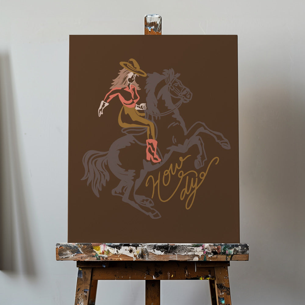 Cowgirl som rider på en ryggande häst | Canvas