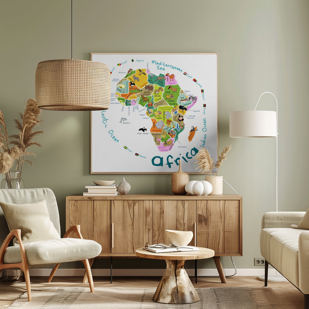 Illustrerad karta över Afrika med länder och söta djur av Carla Daly | Canvas