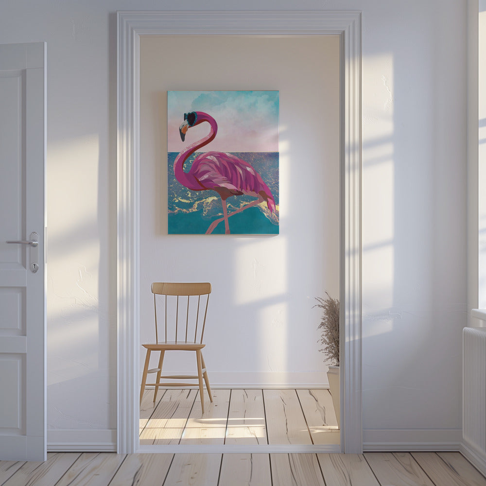 Flamingo går till stranden | Canvas