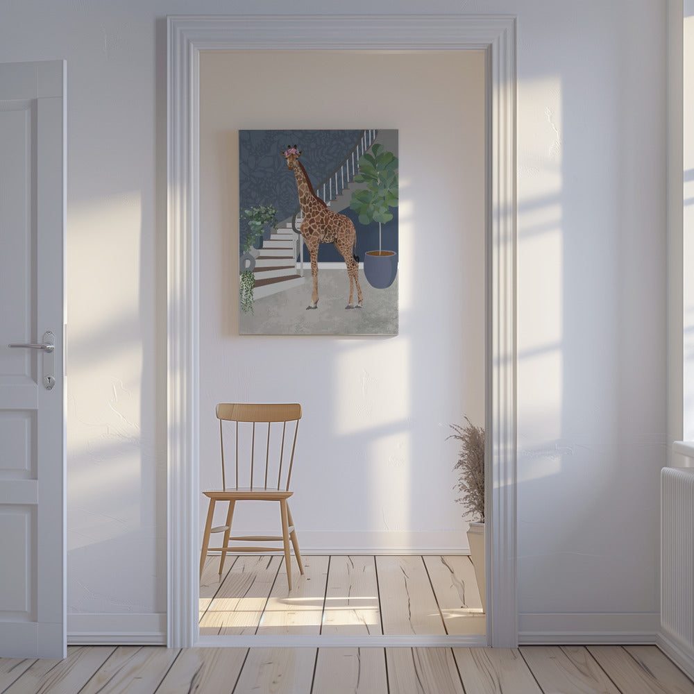 Giraffe by the stairs | Canvas