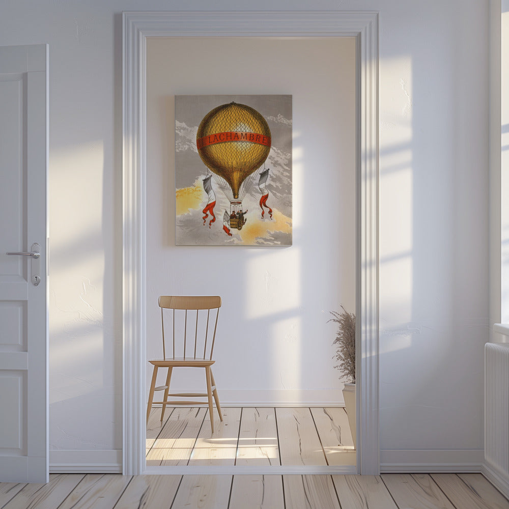 Ballong märkt med två män som rider i korgen 1880 | Duk