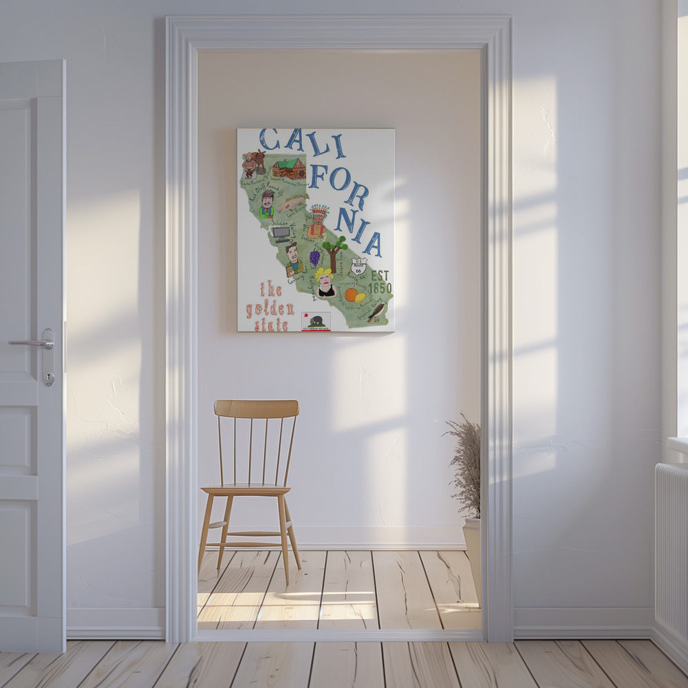 Illustrerad karta över Kalifornien med delstatsikoner av Carla Daly | Canvas