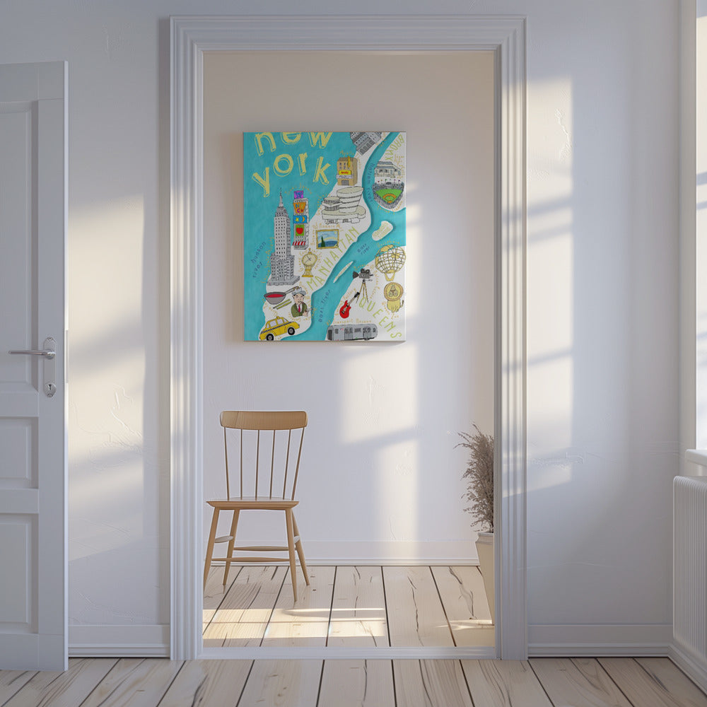 Färgglad illustrerad karta över New York av kartkonstnären Carla Daly | Canvas