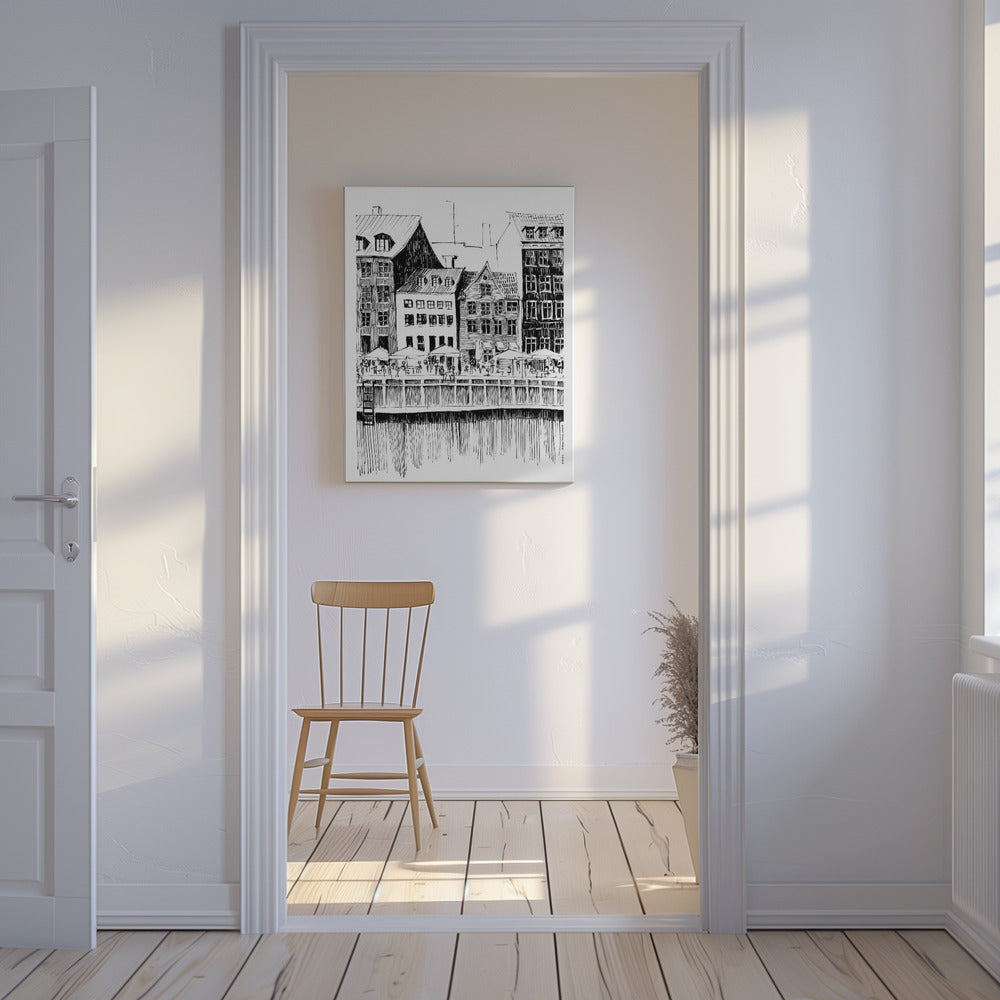 Konsttryck från Köpenhamn, reseillustration från Danmark med kaféer vid vattnet | Canvas