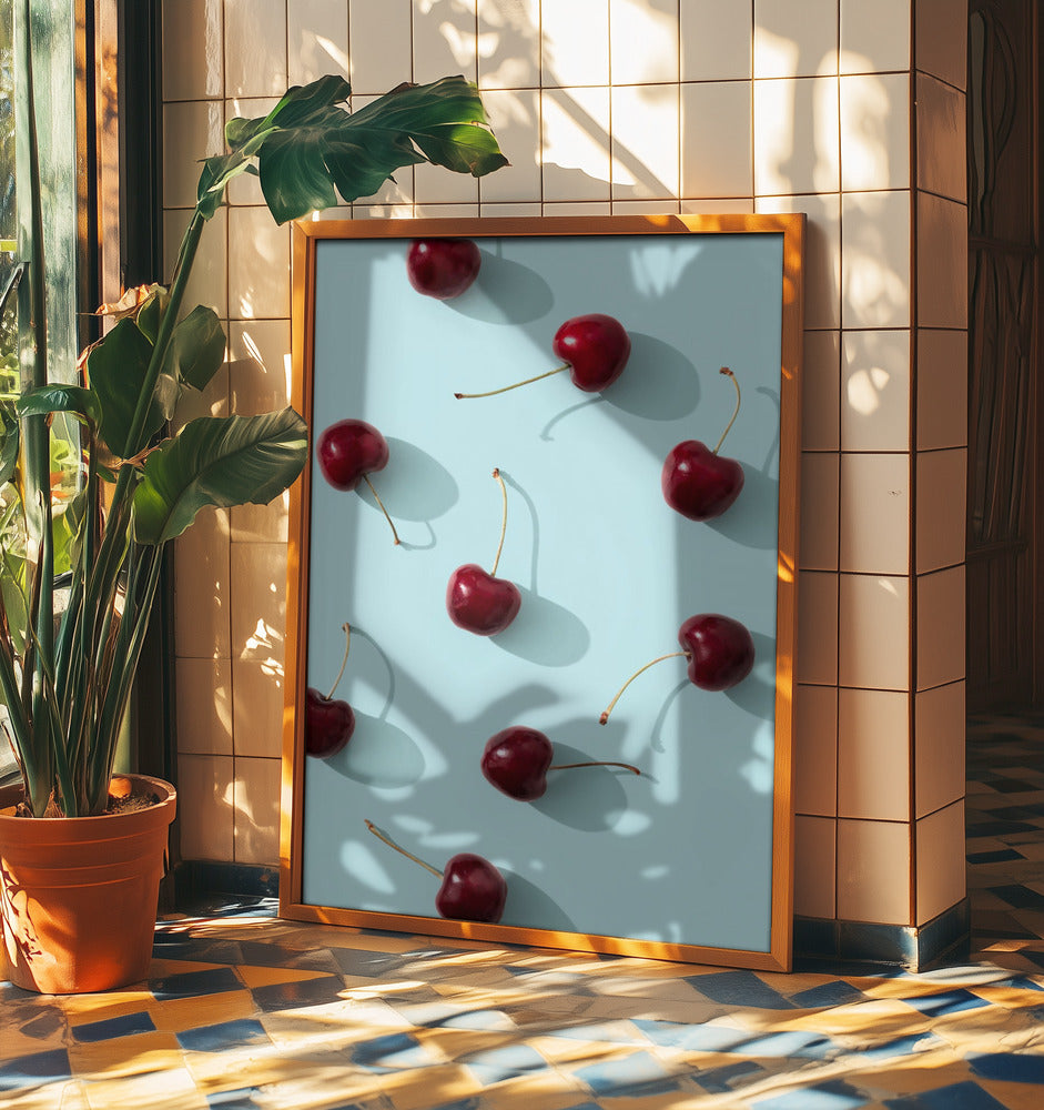 Ciliegie su sfondo turchese | Poster - Stampe d’Arte