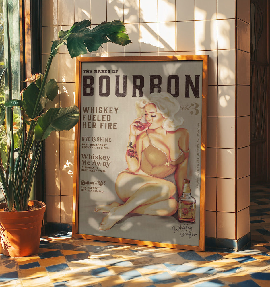Väggkonst med bourbonmotiv. Sexig vintage-pinuppa som dricker whisky | Poster