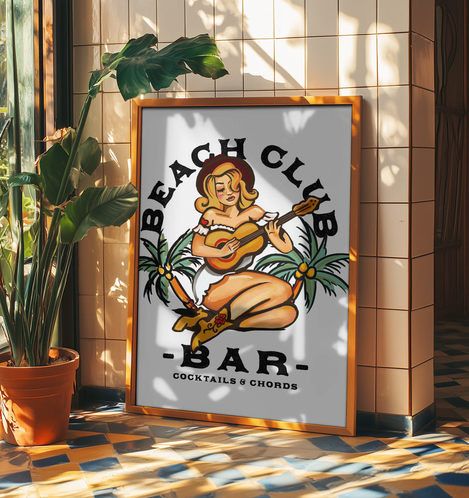 Strandklubbsbar. Pinuppa i sjömans-Jerry-stil som spelar gitarr | Poster