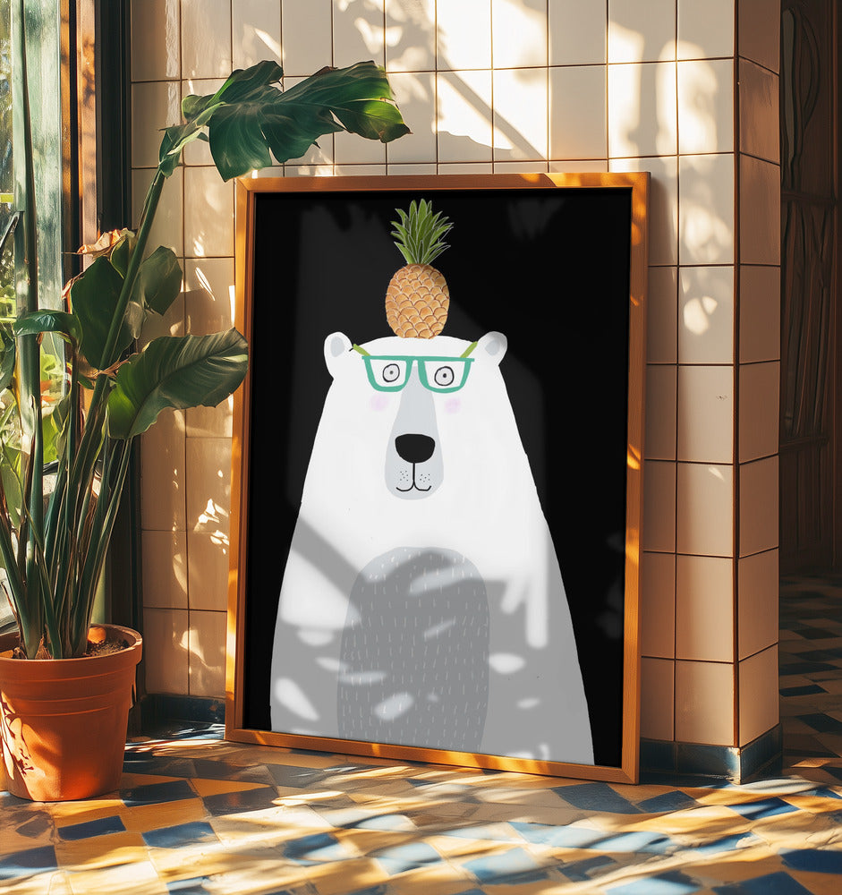 Rolig vit isbjörn med glasögon och ananas | Poster