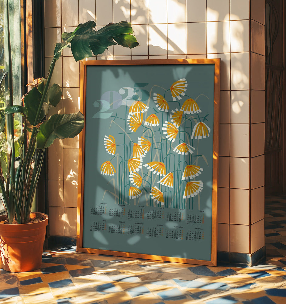 calendar 2025 Linocut flowers green | Poster