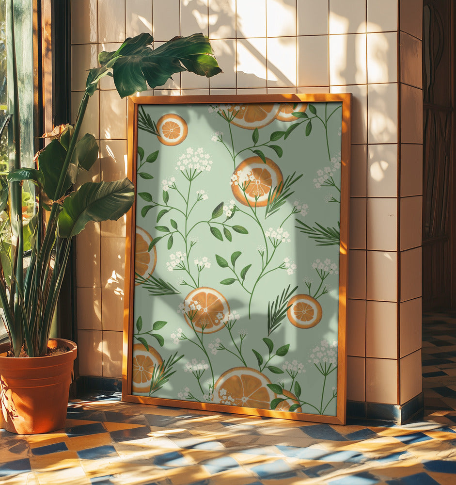 Fläderblommor och apelsiner ljusgrön | Poster