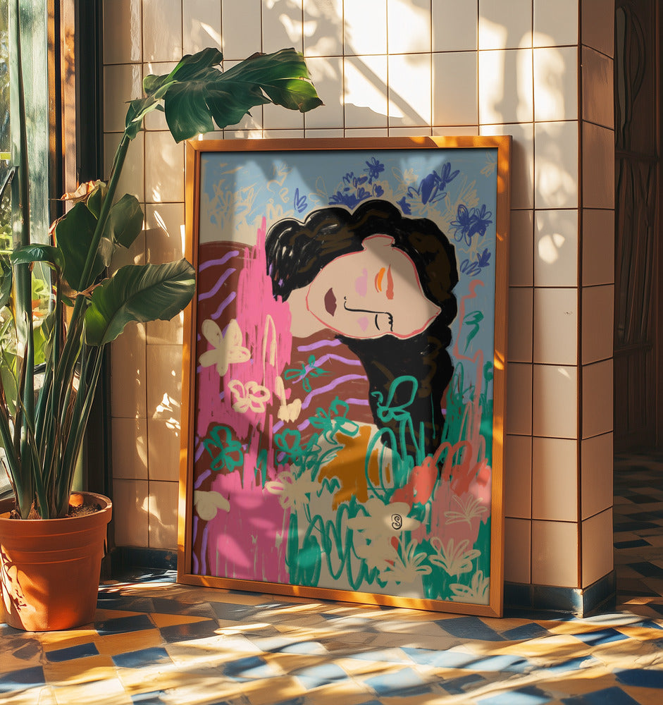 Uttrycksfull figur omgiven av färgglada blommor | Poster