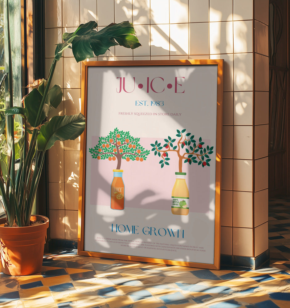Apelsin- och äppelträd med juiceflaskor | Poster