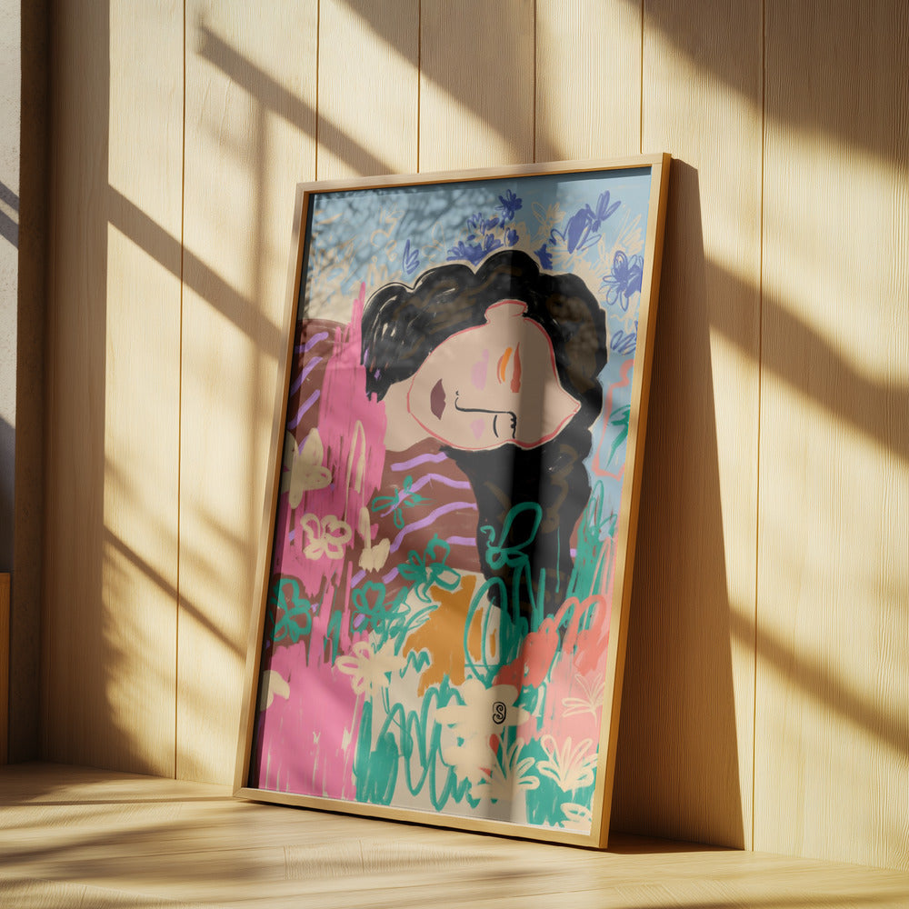 Uttrycksfull figur omgiven av färgglada blommor | Poster