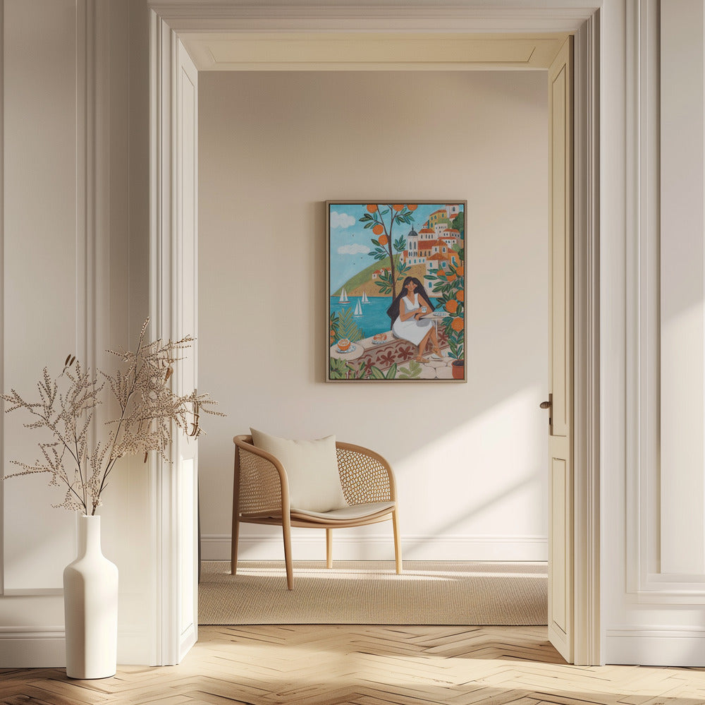Reisen Poster - Kunstdruck Frau an der Mittelmeerküste | Poster - Kunstdruck