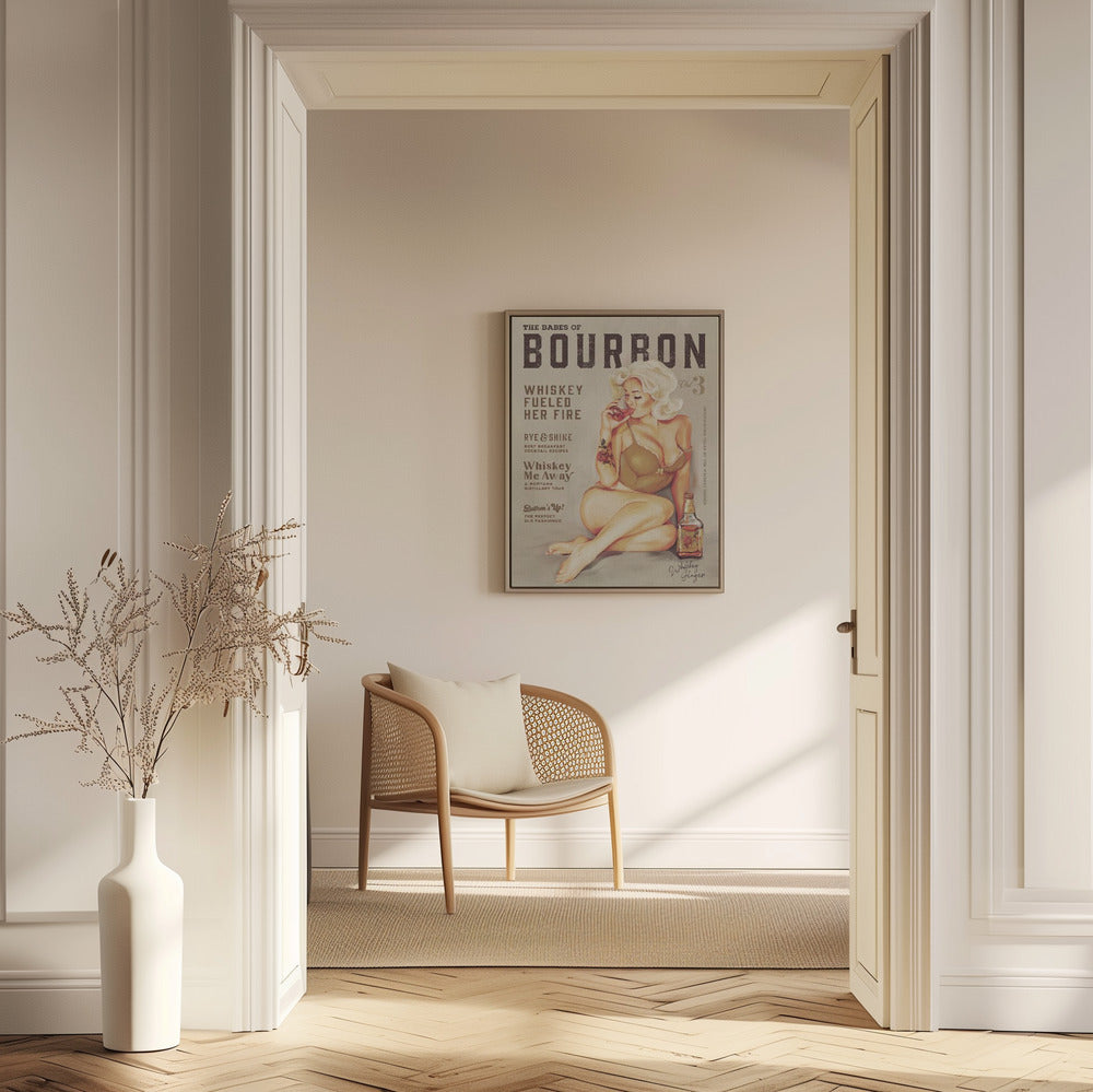 Väggkonst med bourbonmotiv. Sexig vintage-pinuppa som dricker whisky | Poster