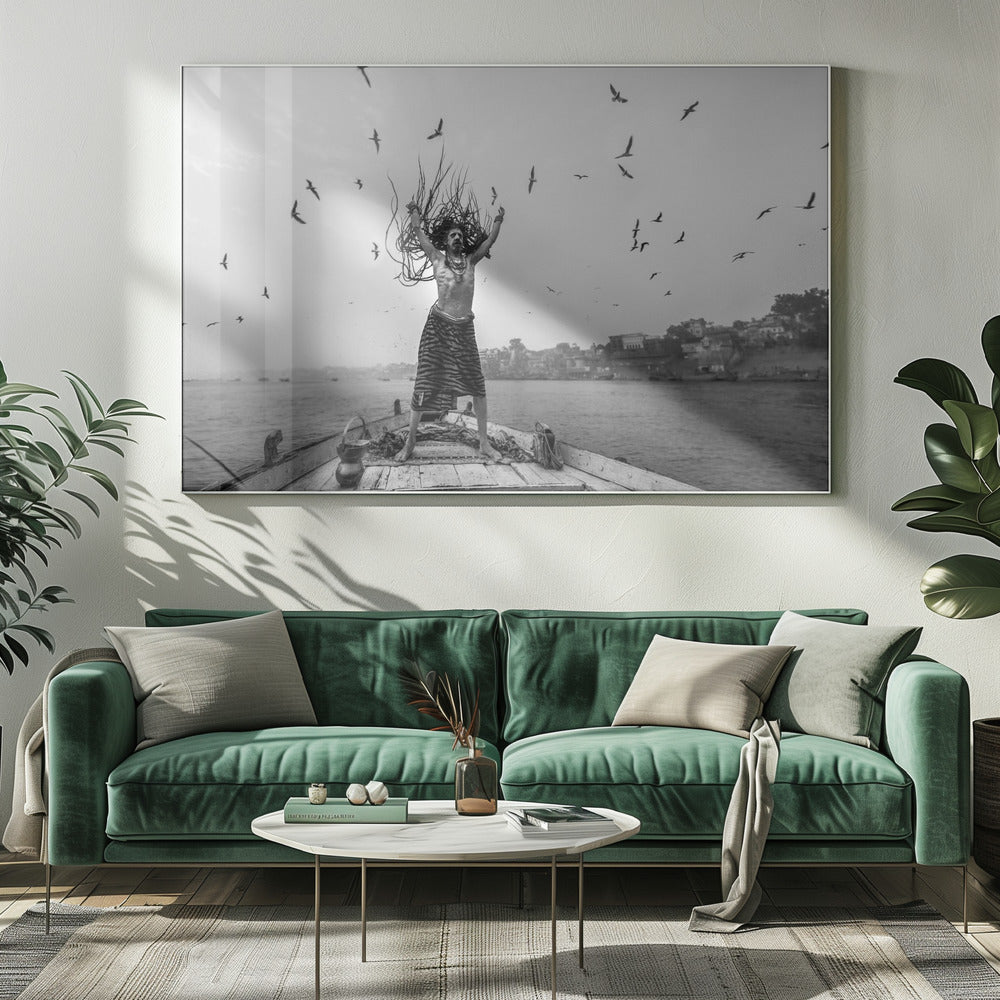 Naga Sadhu poserar på båt i Varanasi | Canvas