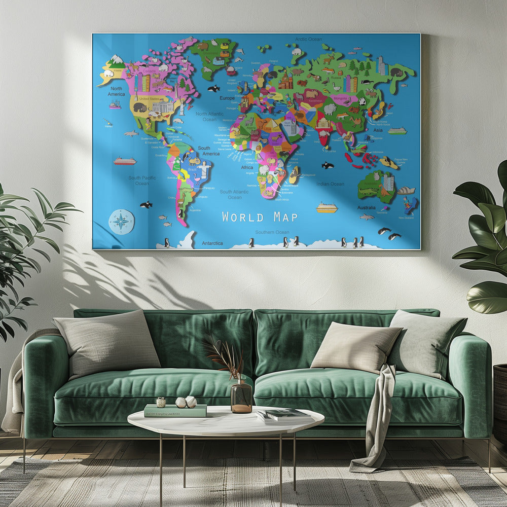 Illustrerad världskarta med länder och kontinenter av Carla Daly | Canvas