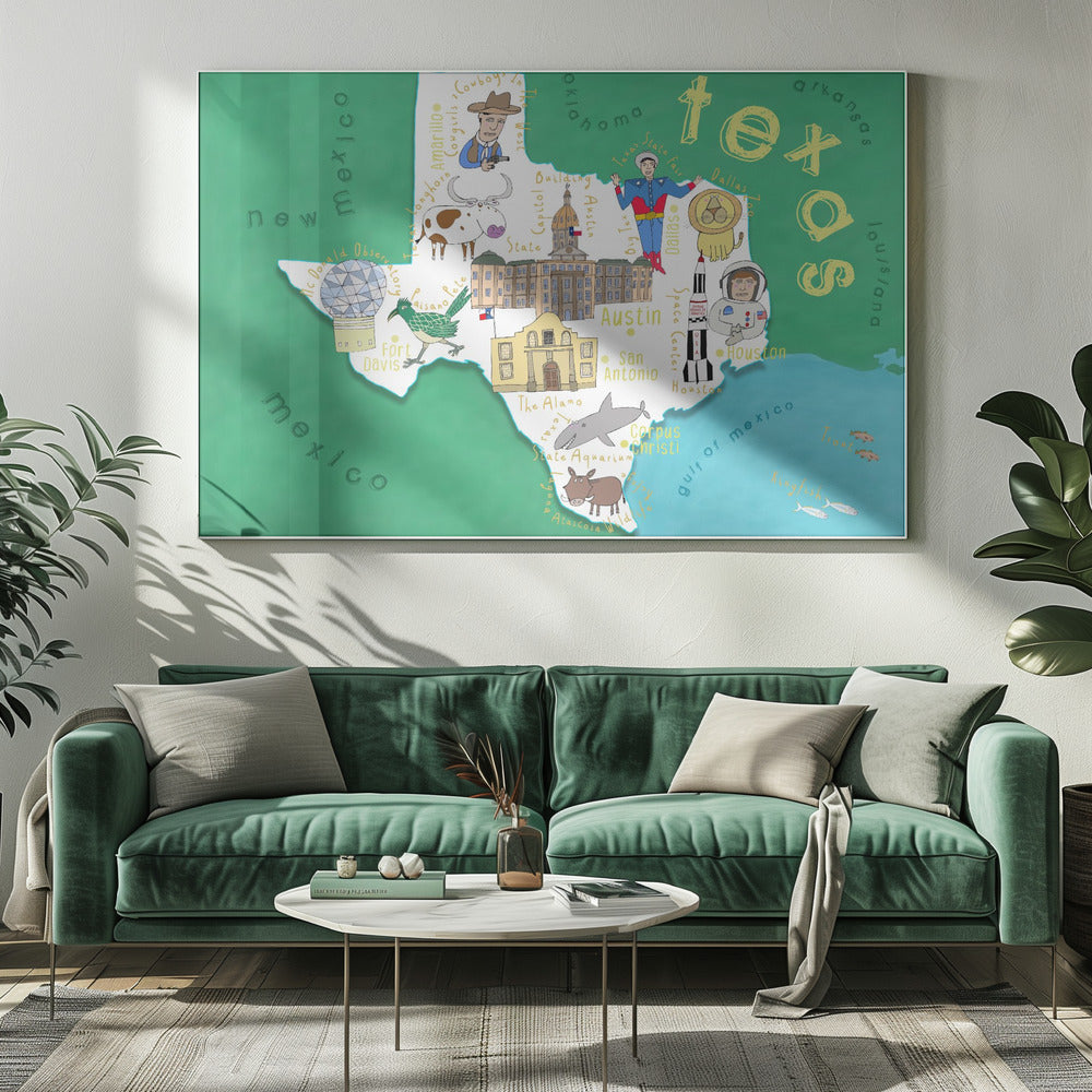 Illustration av karta över delstaten Texas av kartkonstnären Carla Daly | Canvas