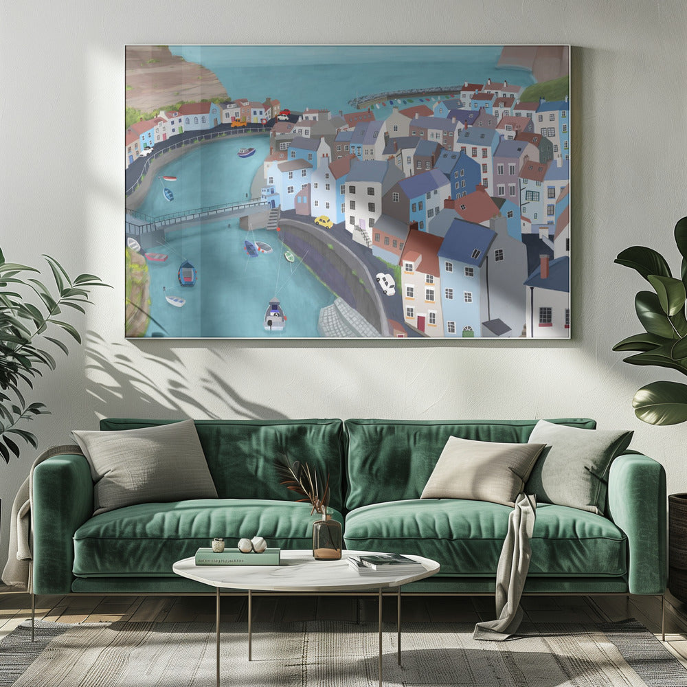 Flygfoto över Staithes, Storbritannien av konstnären Carla Daly | Canvastavla