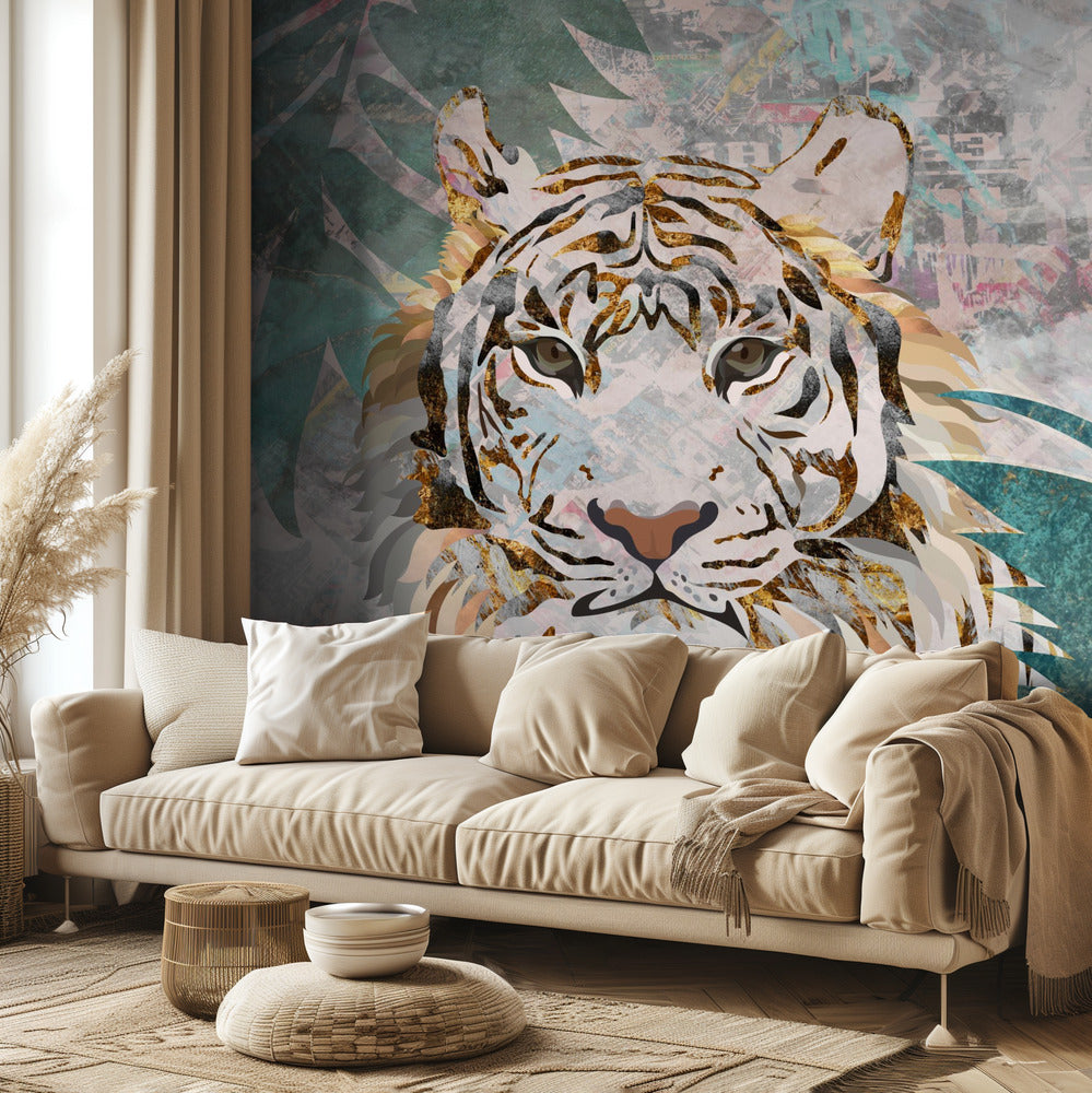 Tiger grunge tropisk palm väggmålning | Tapet