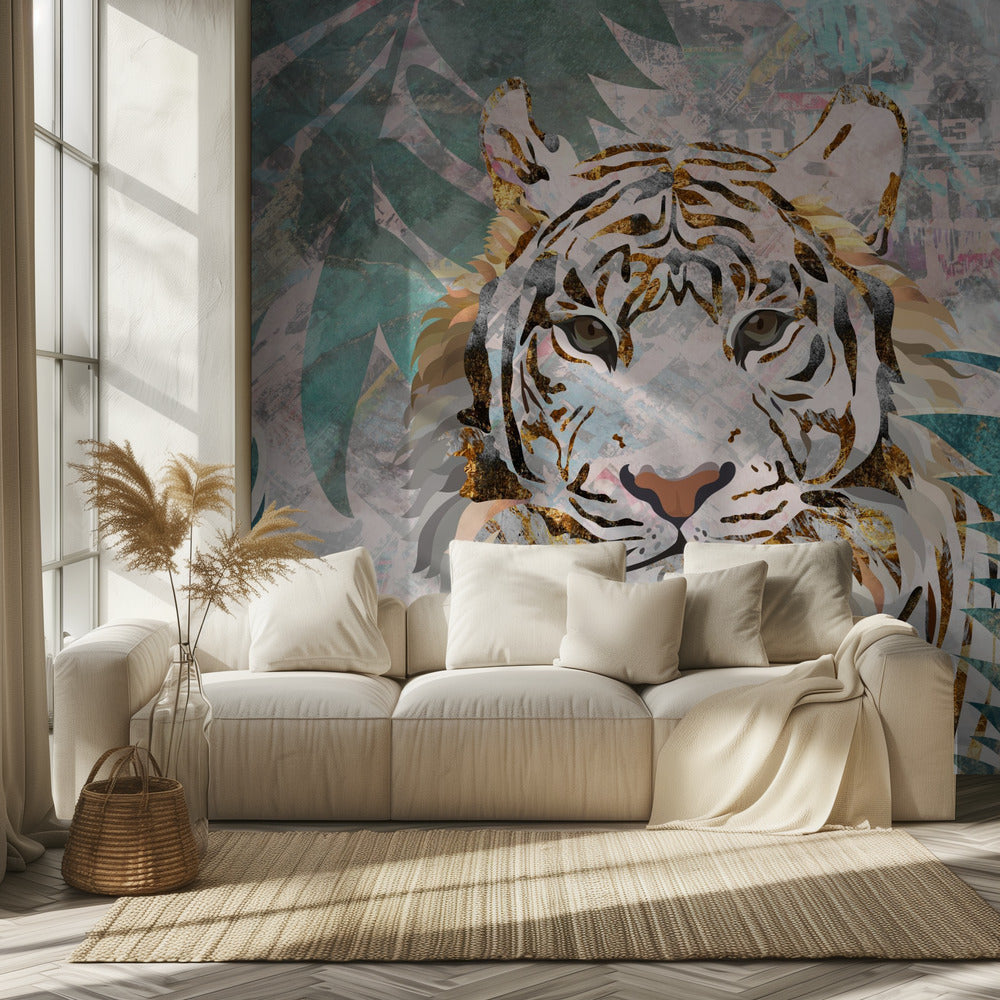 Tiger grunge tropisk palm väggmålning | Tapet
