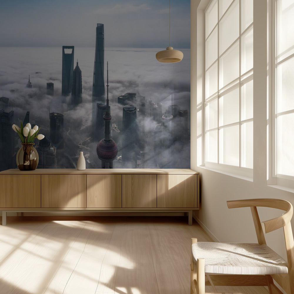 Shanghai i dimman ovanifrån | Tapet
