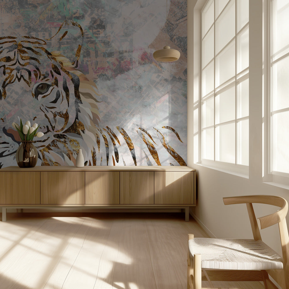 Tiger grungy guld väggmålning | Tapet