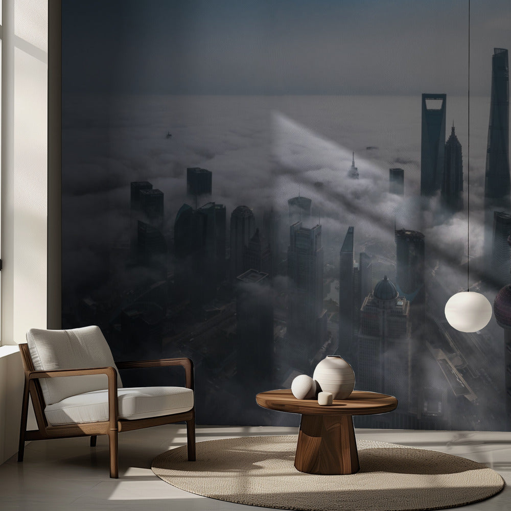 Shanghai i dimman från ovan | Fototapet
