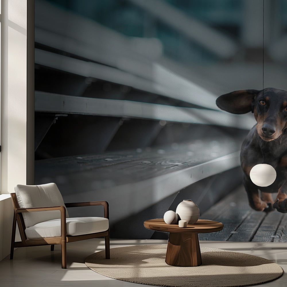 En liten hund springer genom världen.... | Fototapet