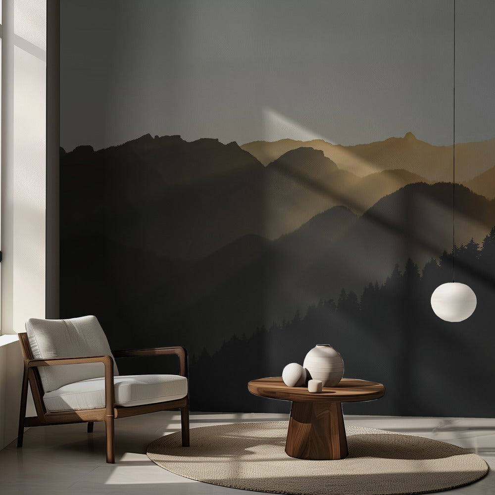 Solnedgångens solstrålar över bergen | Fototapet