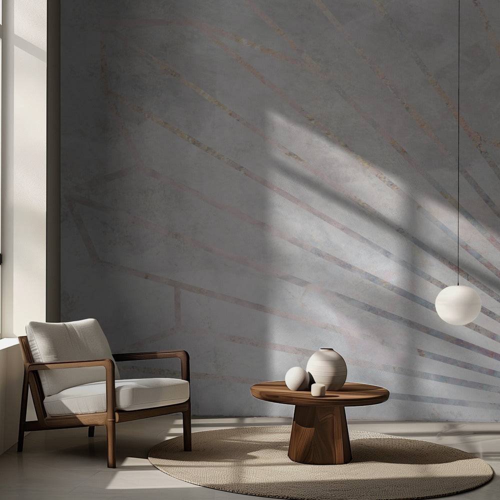 Guldfärgade geometriska solstrålar väggmålning betong | Fototapet