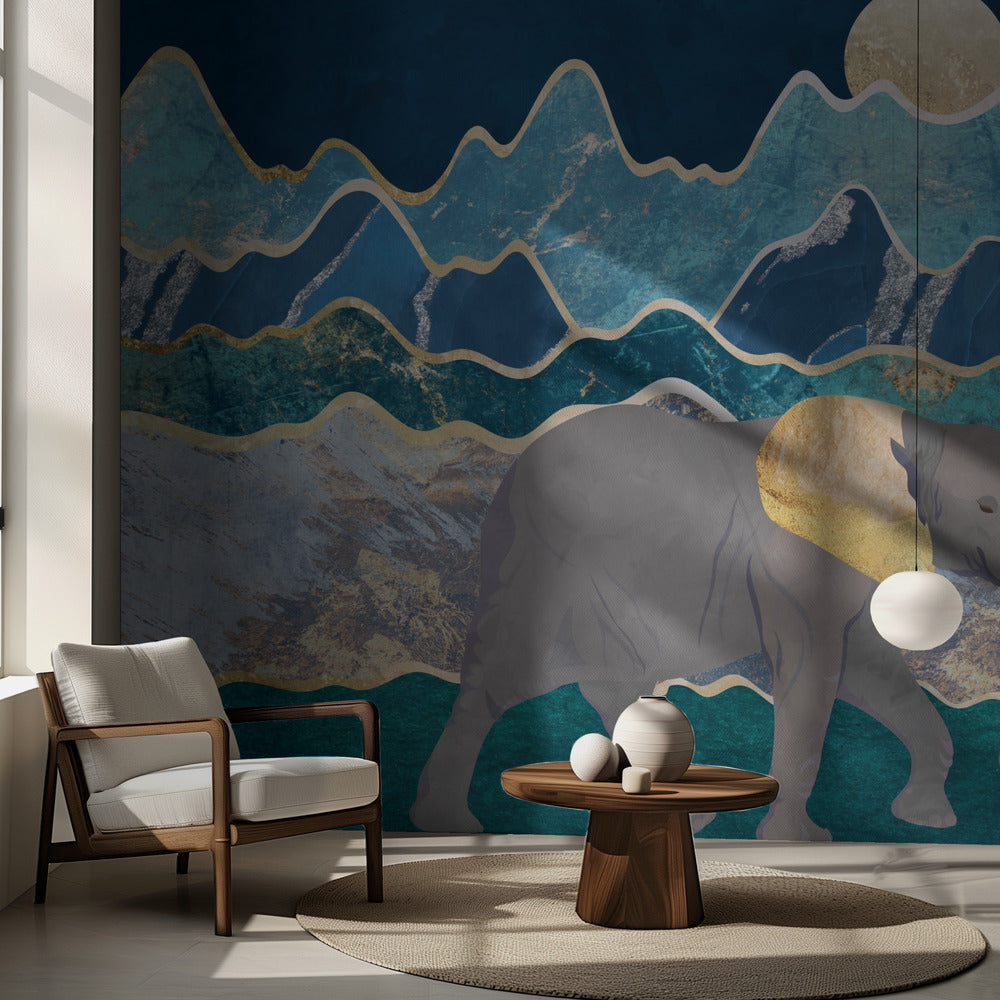 Landskap med elefanter och månbelysta berg | Fototapet