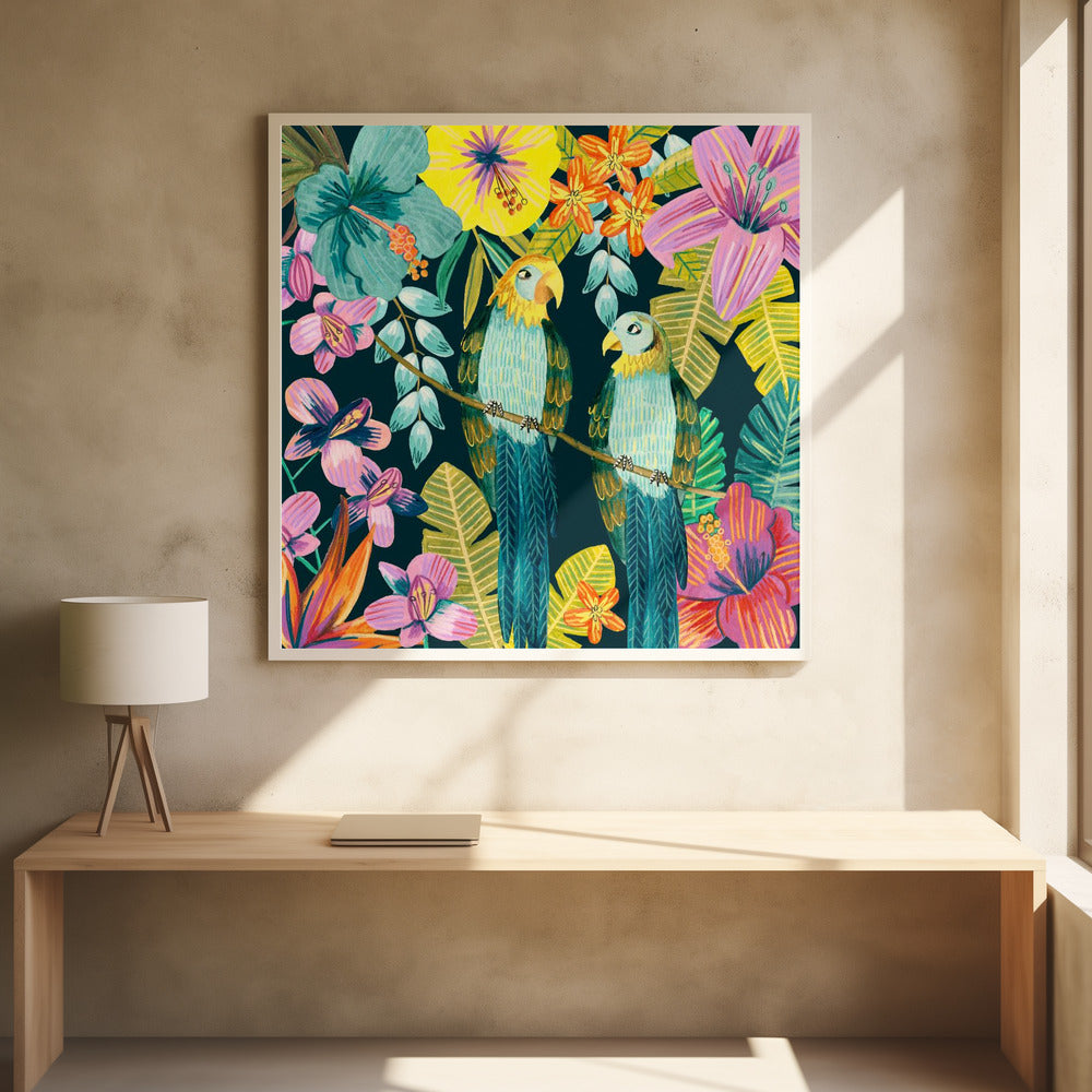 Papegojor Tropisk Blommig Djungel | Poster