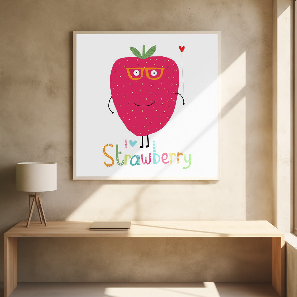 Jag älskar jordgubbar! Söt jordgubbe som håller ett hjärta | Poster