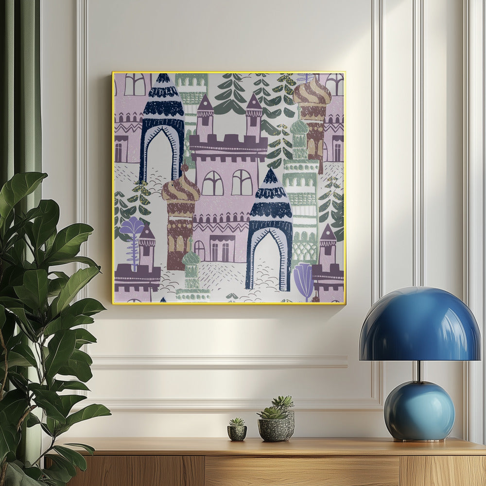 Blocktryck Hem slottmönster lila blå | Poster