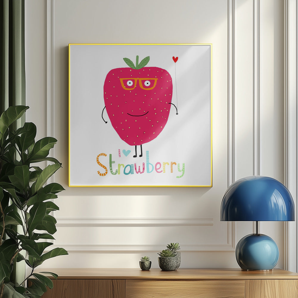 Jag älskar jordgubbar! Söt jordgubbe som håller ett hjärta | Poster