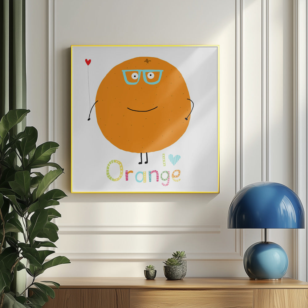 Jag älskar apelsin! Söt apelsin som håller ett kärlekshjärta. | Poster