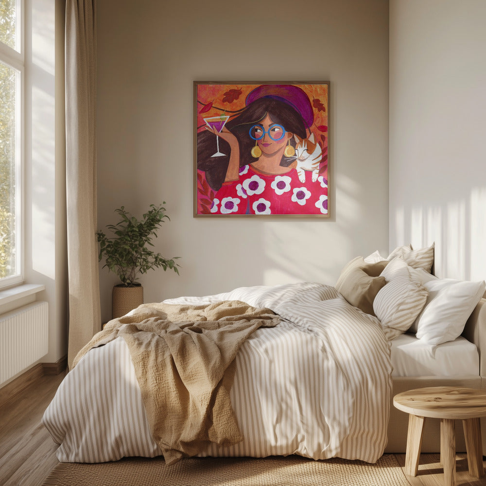 Modernt höstporträtt kvinna med katt | Poster