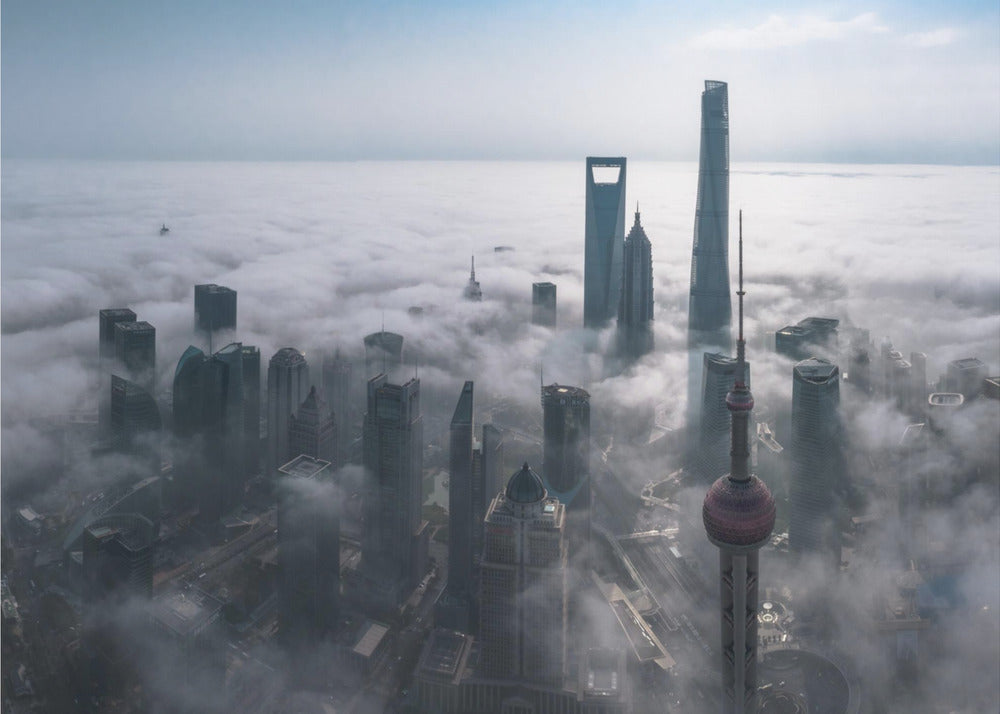 Shanghai i dimman ovanifrån | Tapet