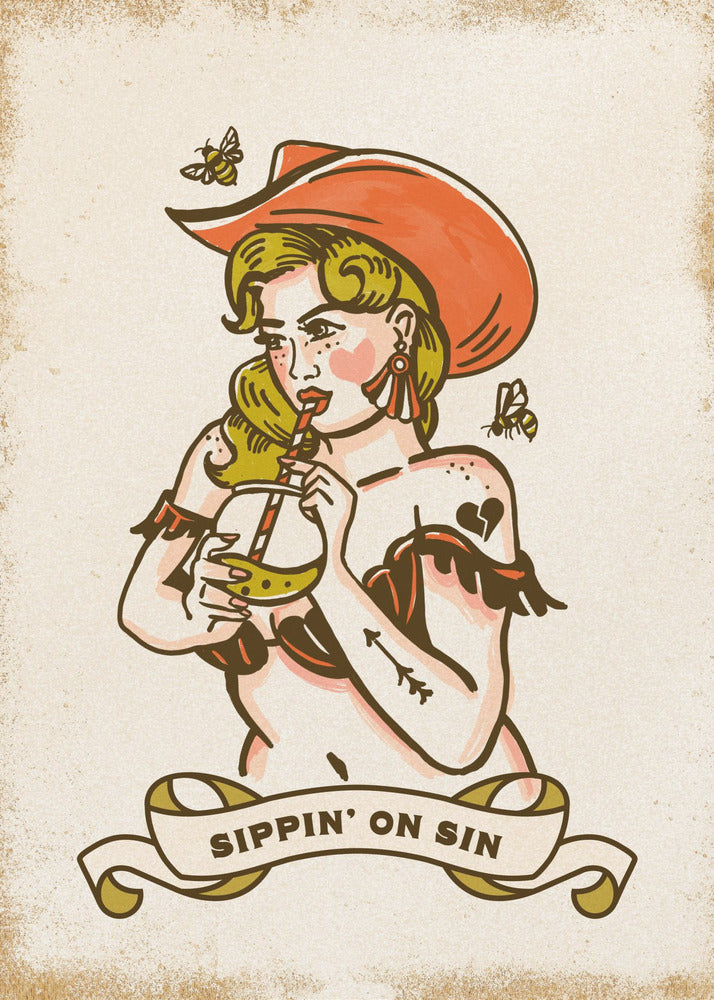 Sippin On Sin Söt & Kaxig Cowgirl Konst | Canvastavla