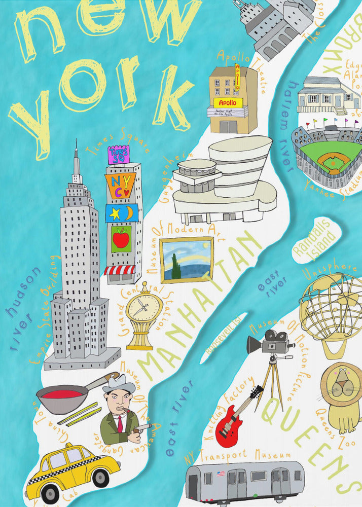 Färgglad illustrerad karta över New York av kartkonstnären Carla Daly | Canvas