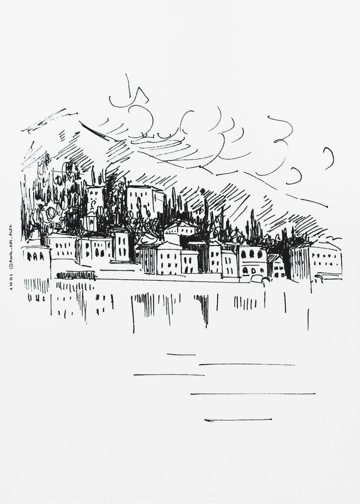 Italy Landscape Art Print, Lake Como Milan Drawing | Canvas