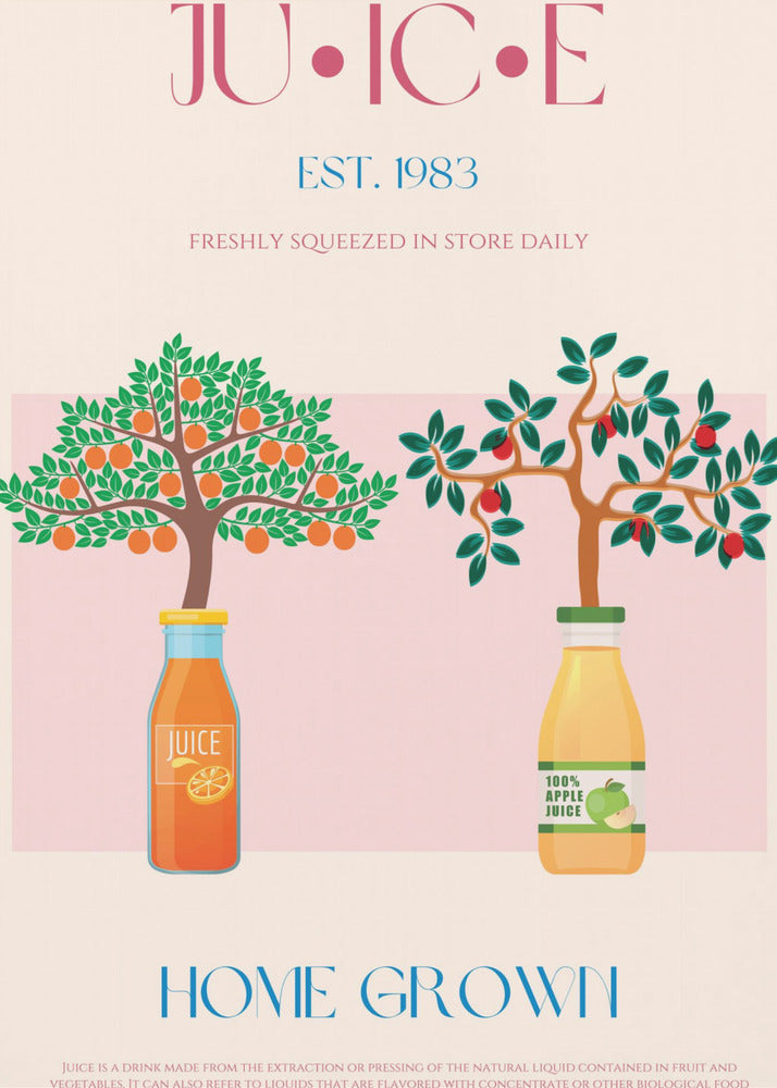 Apelsin- och äppelträd med juiceflaskor | Poster