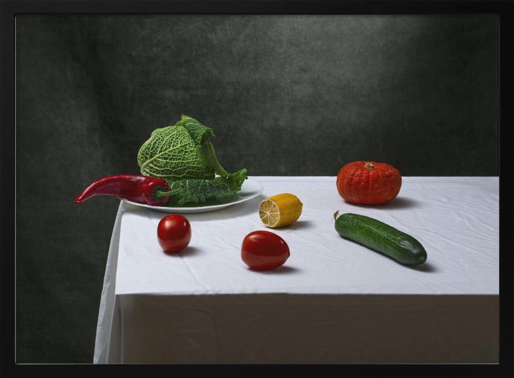 Still life with Savoy cabbage, tomatoes, cucumber, red pepper, lemon and pumpkin | Poster