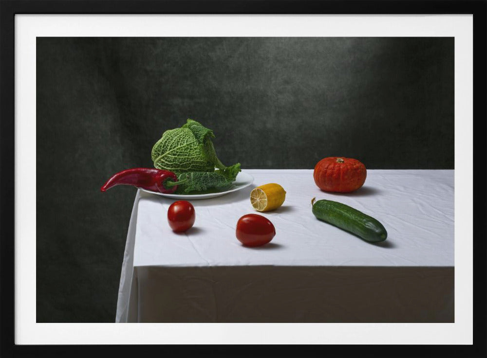 Still life with Savoy cabbage, tomatoes, cucumber, red pepper, lemon and pumpkin | Poster