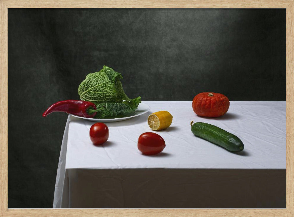 Still life with Savoy cabbage, tomatoes, cucumber, red pepper, lemon and pumpkin | Poster