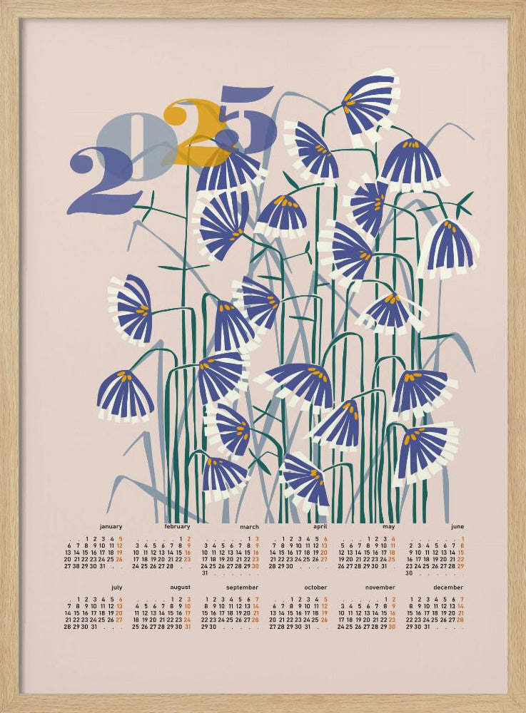 kalender 2025 Linoleumsnitt blommor persikofärgade pastellfärger | Poster