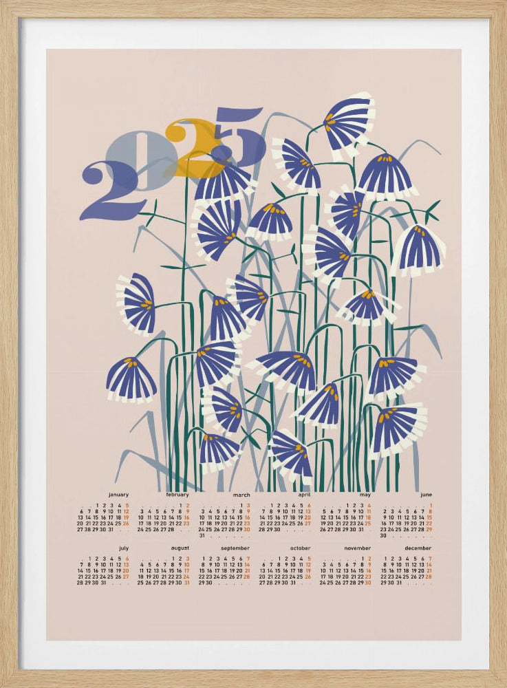 kalender 2025 Linoleumsnitt blommor persikofärgade pastellfärger | Poster